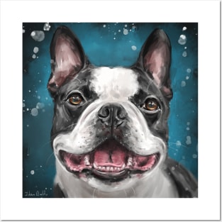 Painting of a Happy Boston Terrier Smiling on Blue Background Posters and Art